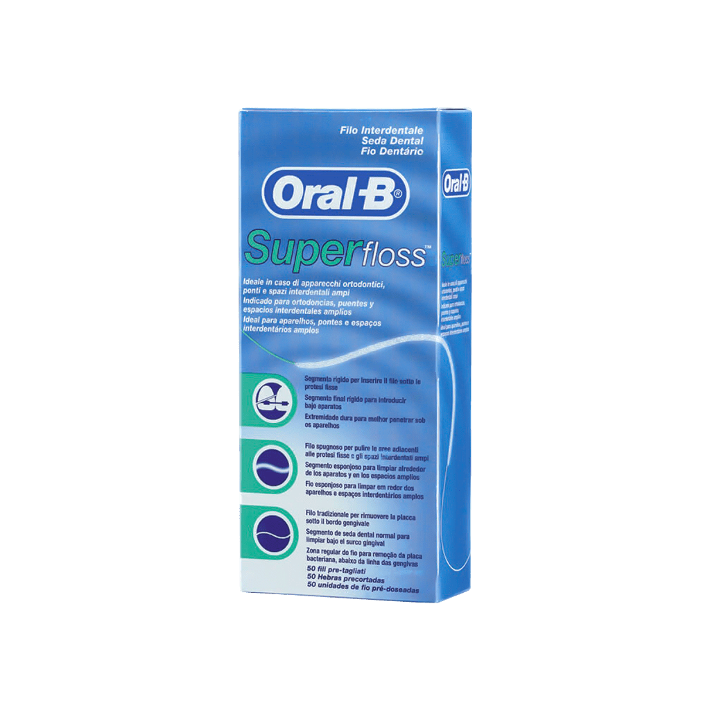 oral-b-super-floss-for-bracket-and-bridge-50-pcs نخ دندان رشته ای سوپر فلاس اورال بی مخصوص براکت و بریج ۵۰ عددی