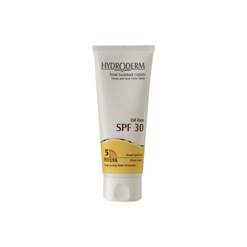 hydroderm-total-sunblock-oil-free-lotion-spf30-for-greasy-and-acne-prone-skins-75-ml لوسیون ضد آفتاب فاقد چربی SPF30 هیدرودرم مناسب پوست های چرب و آکنه دار ۷۵ میلی لیتر