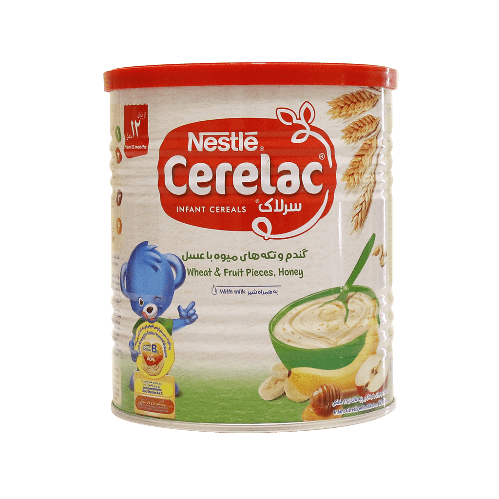 nestle-cerelac-wheat-fruit-pieces-and-honey-with-milk-400g سرلاک گندم و میوه با عسل به همراه شیر نستله مناسب کودکان از ۱۲ ماهگی ۴۰۰ گرم