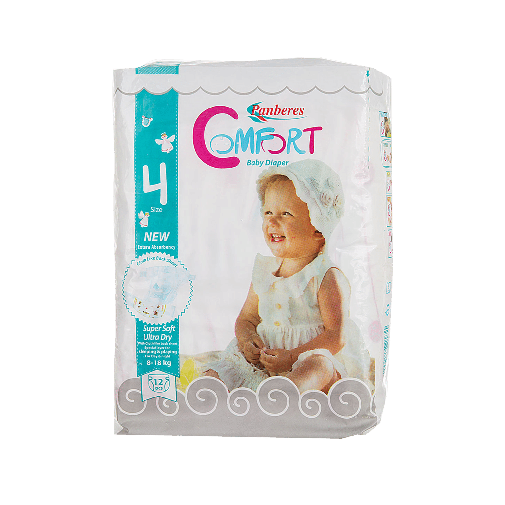 panberes-baby-diaper-size-4-12-pcs پوشک شماره ۴ (۸ تا ۱۸ کیلوگرم) پنبه ریز ۱۲ عددی