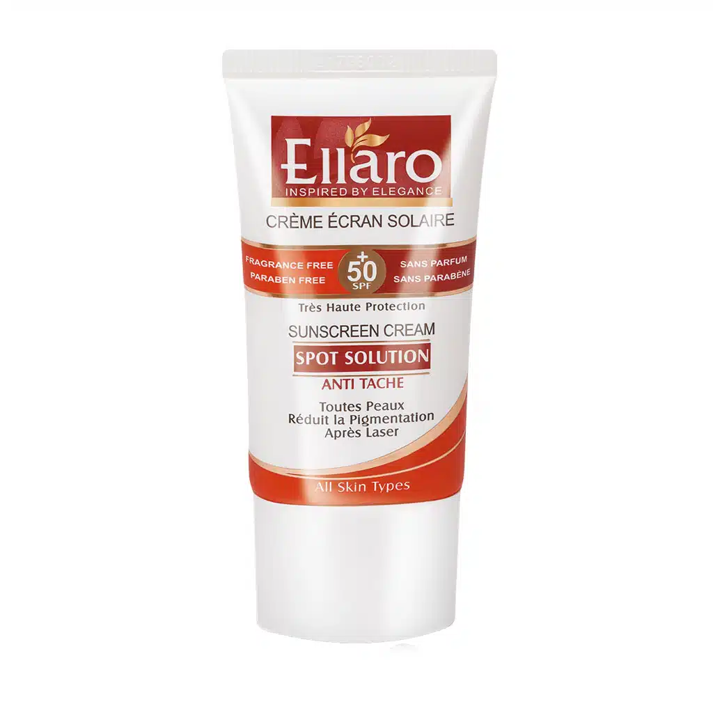 Ellaro-Sunscreen-Cream-SPF-50⁺-Spot-Solution-For-All-Skins.jpg.webp کرم ضد آفتاب اسپات سولوشن الارو SPF50 مناسب انواع پوست ۴۰ میلی لیتر
