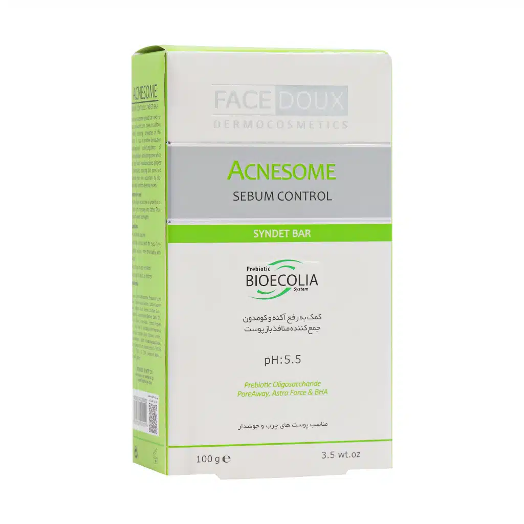 Facedoux-Acnesome-Syndet-Bar-100.jpg.webp پن کنترل کننده چربی آکنه زوم فیس دوکس مناسب پوست های چرب و دارای آکنه ۱۰۰ گرم