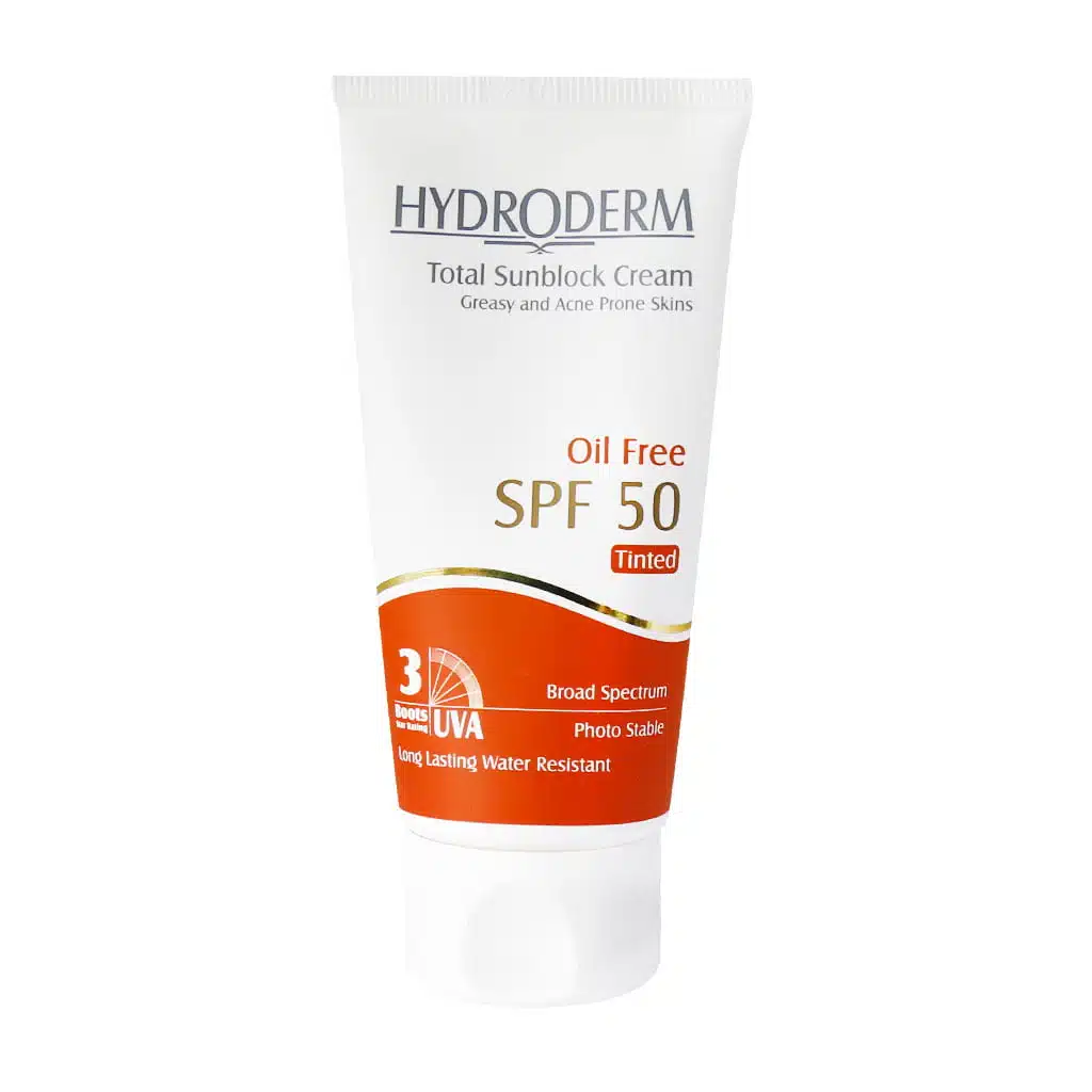 Hydroderm-Total-Sunblock-Cream-Oil-Free-Tinted-SPF50-For-Greasy-And-Acne-Prone-Skins-50-ml.jpg.webp ضد آفتاب رنگی فاقد چربی هیدرودرم SPF50 مناسب پوست های چرب و آکنه دار ۵۰ میلی لیتر