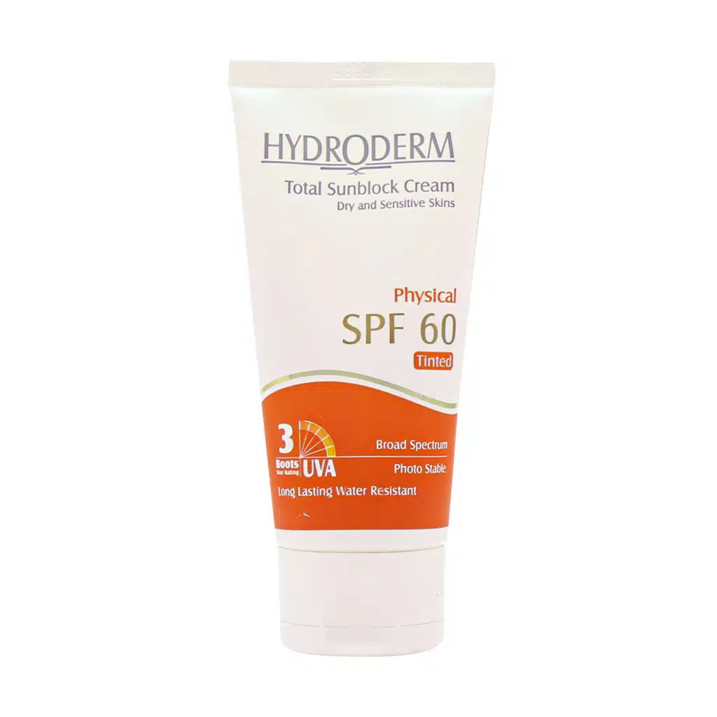 Hydroderm-Total-Sunblock-SPF60-Tinted-Cream-For-Dry-And-Sensitive-Skins-50-ml.jpg.webp کرم ضد آفتاب SPF60 رنگی هیدرودرم مناسب پوست های خشک و حساس ۵۰ میلی لیتر