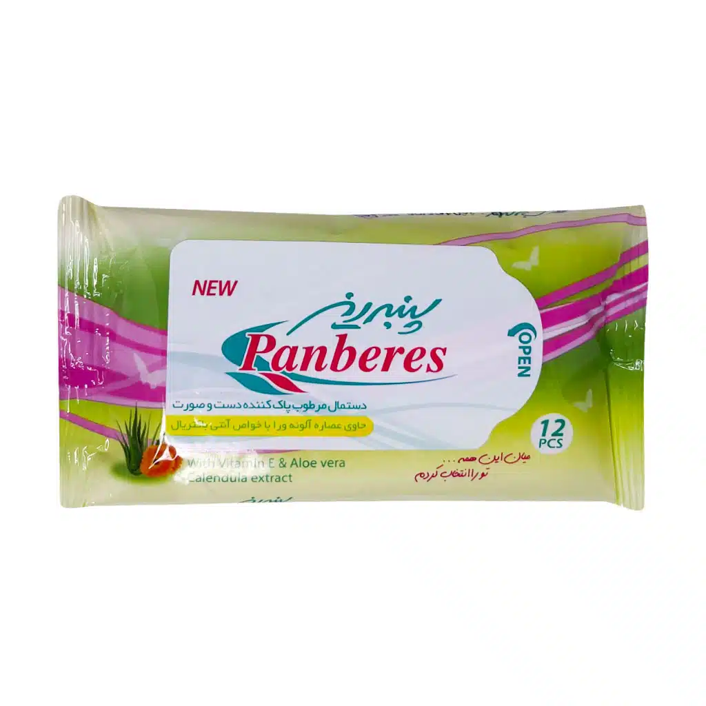 Panberes-Cleanser-Pcs.jpg.webp دستمال مرطوب پاک کننده دست و صورت پنبه ریز 12 عدد