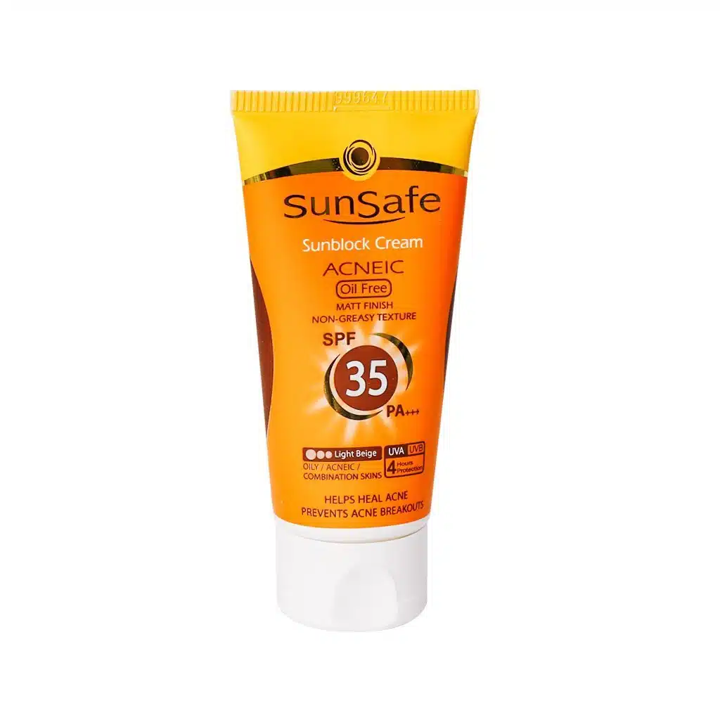 Sunsafe-Sunsblock-Cream-SPF35-Acneic-Oil-Free-50.jpg.webp کرم ضد آفتاب SPF35 رنگی فاقد چربی سان سیف مناسب پوست های چرب و آکنه ای ۵۰ میلی لیتر