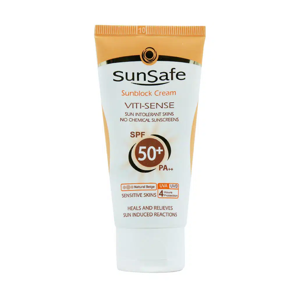 Sunsafe-Sunsblock-SPF50-Viti-Sense-Cream-50-ml.jpg.webp کرم ضد آفتاب رنگی سان سیف +SPF50 فاقد جاذب های شیمیایی مناسب پوست حساس ۵۰ میلی لیتر