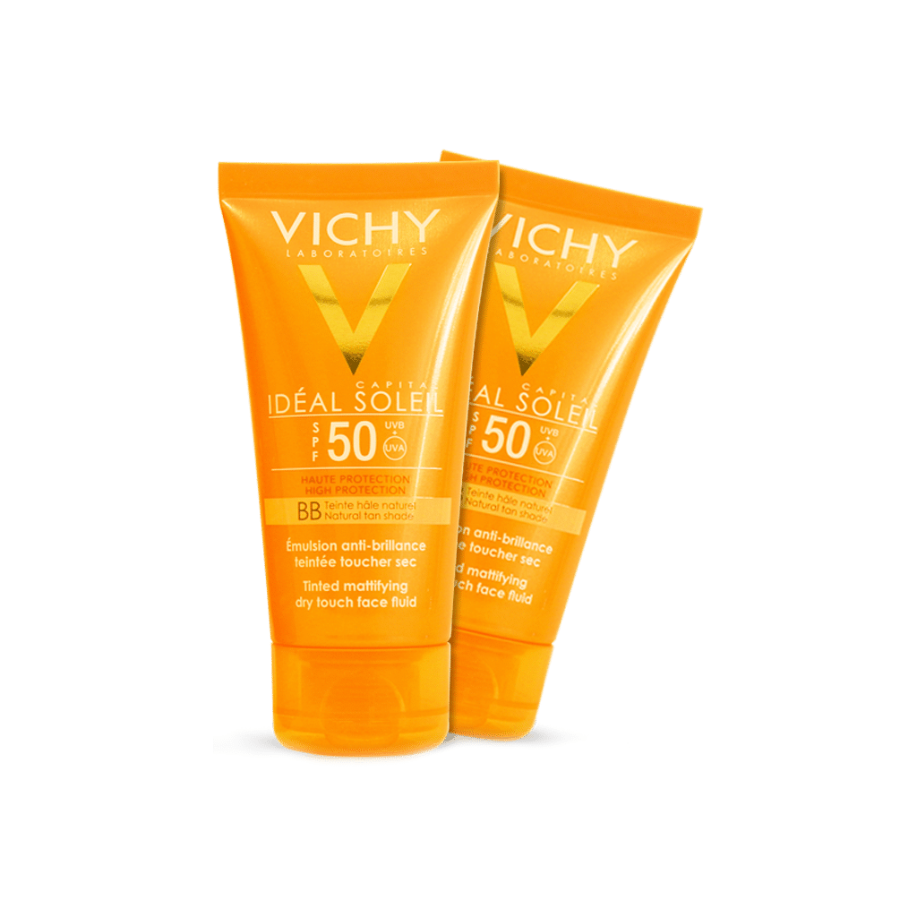 vichy-ideal-soleil-bb-cream-tinted-mattifying-face-fluid-spf50-50-ml پک ۲ عددی فلوئید ضد آفتاب درای تاچ ب ب +SPF50 ویشی مناسب پوست های چرب و مختلط ۵۰ میلی لیتر