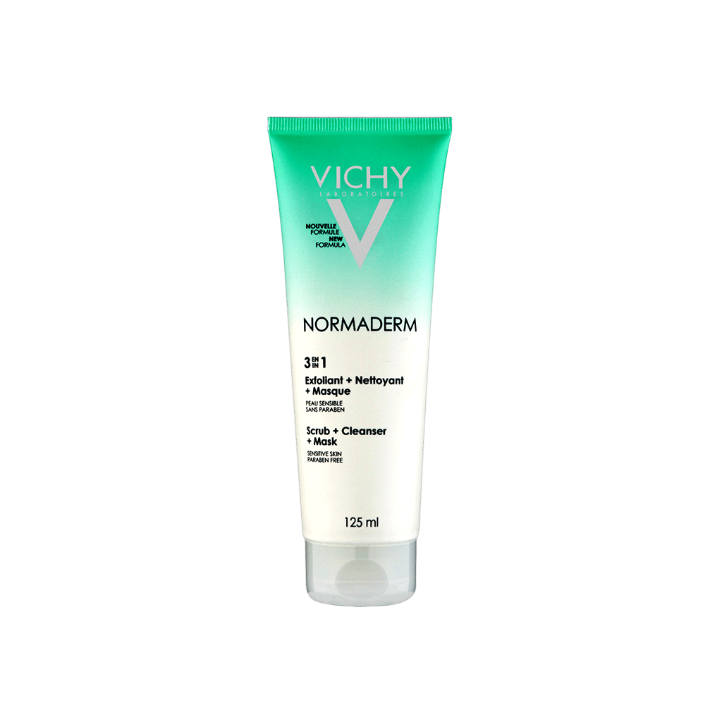 vichy-normaderm-3in1-mask-scrub-125-ml ماسک اسکراب پاک کننده ۳ منظوره نورمادرم ویشی ۱۲۵ میلی لیتر