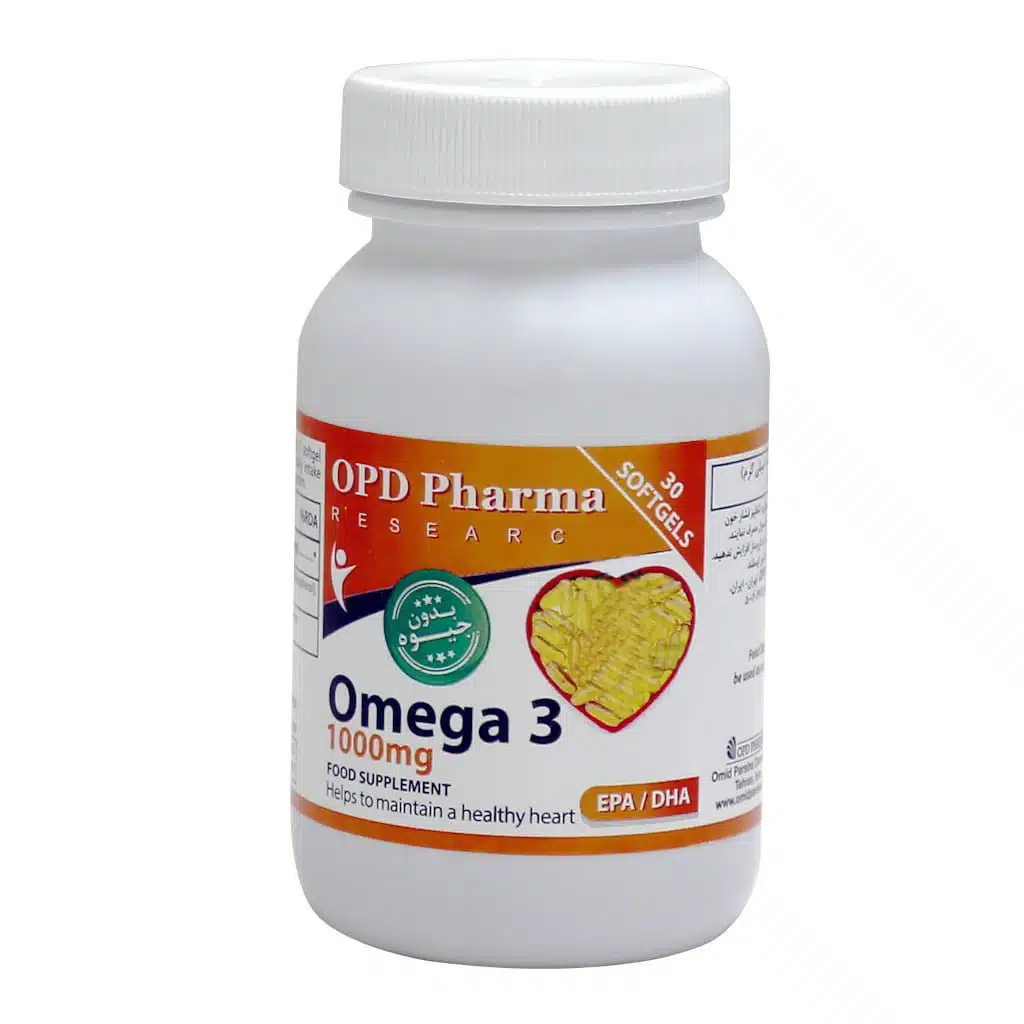OPD-Pharma-Omega-3-Food-Supplement-1000mg.jpg.webp کپسول ژلاتینی امگا 3 بدون جیوه او پی دی فارما 1000 میلی گرم 30 عدد