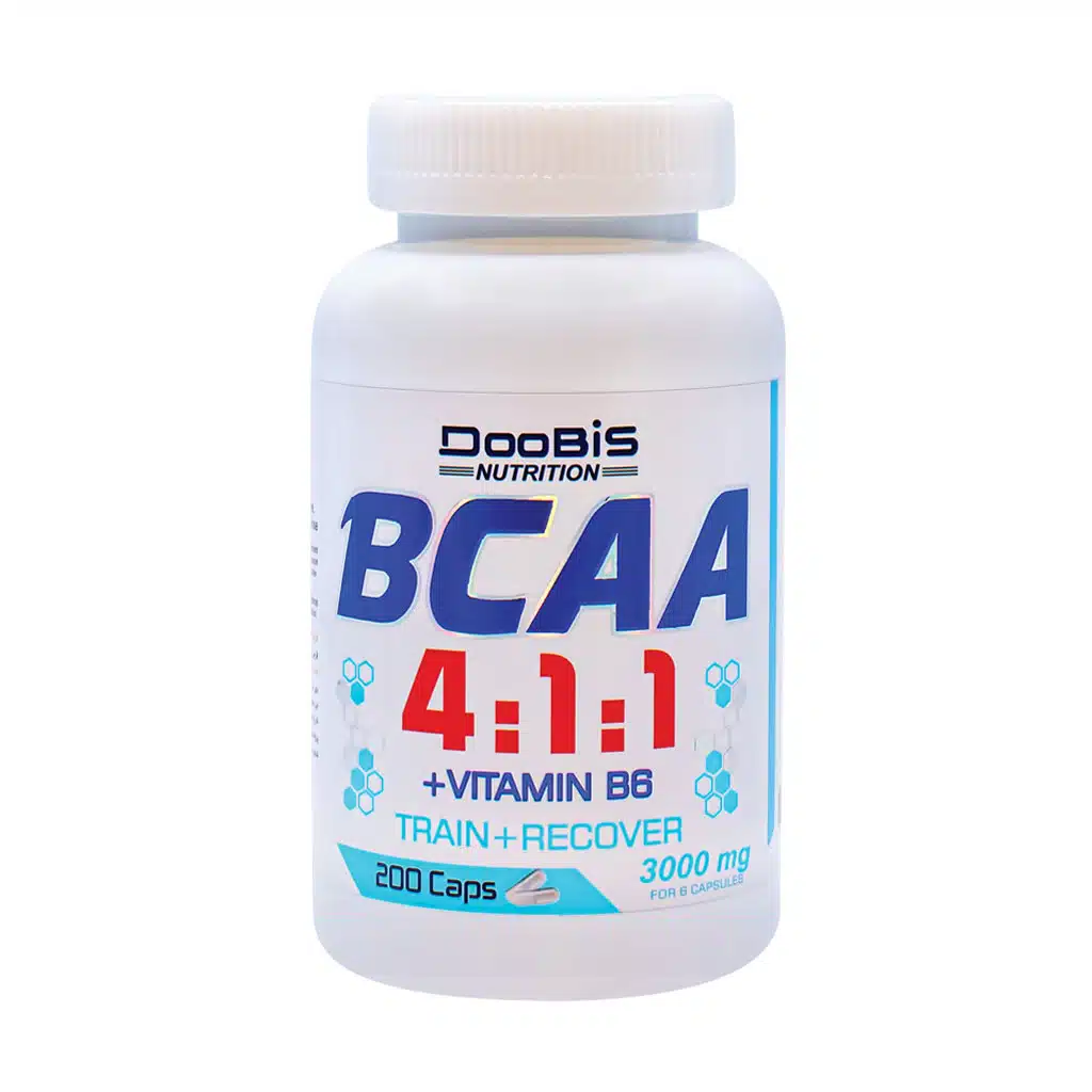 Doobis-BCAA-۴-۱-۱-And-Vitamin-B۶-۲۰۰-Caps.jpg.webp کپسول بی سی ای ای 4:1:1 و ویتامین ب6 دوبیس 200 عدد