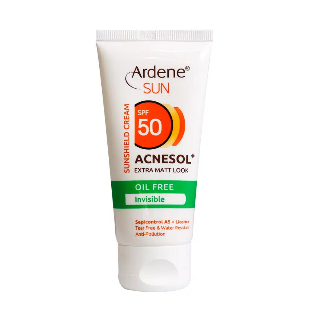 Arden-Acnesol-SPF-50-Sunshield-Cream-50.jpg.webp کرم ضد آفتاب آکنه سل آردن SPF50 مناسب پوست چرب ۵۰ گرم