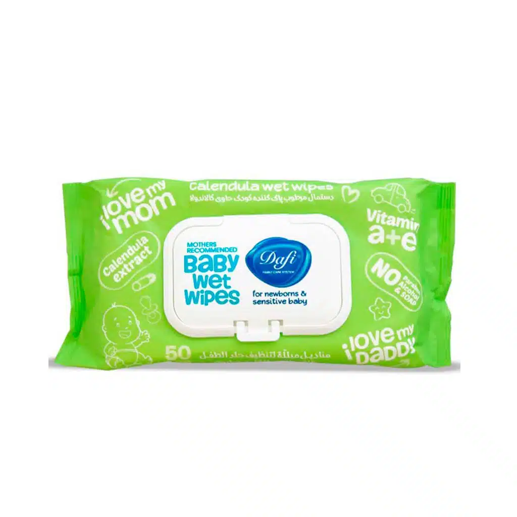 Dafi-Calendula-Baby-Wet-Wipes-For-Sensitive-Skins-50pcs.jpg.webp دستمال مرطوب کودک کالاندولا دافی مناسب پوست حساس 50 عدد