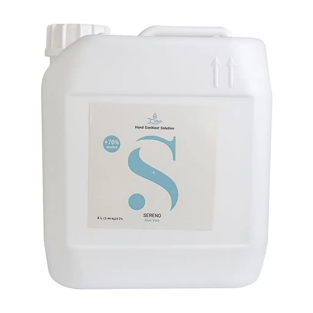 Sereno-Hand-Sanitizer-Solution-4-Litr.jpg.webp محلول ضد عفونی کننده دست سرینو الکل 70 درصد حاوی عصاره آلوئه ورا 4 لیتر