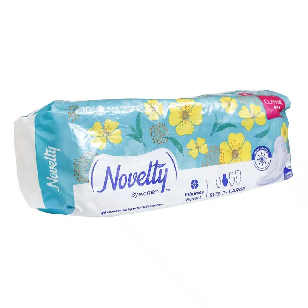 Novelty-Classic-Women-Pad-10-pads.jpg.webp نوار بهداشتی مشبک سایز بزرگ کلاسیک ناولتی بسیار ضخیم 10 عدد