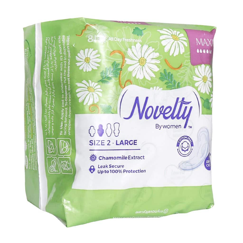 Novelty Maxi Women Pad Cotton Feel 8 pads نوار بهداشتی کتانی سایز بزرگ مکسی ناولتی بالدار و ضخیم