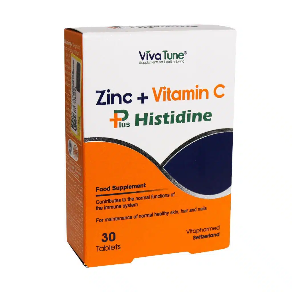 Viva-Tune-Zinc-and-Vitamin-C-Plus-Histidine.jpg.webp قرص زینک پلاس ویتامین C هیستیدین ویواتیون 30 عدد