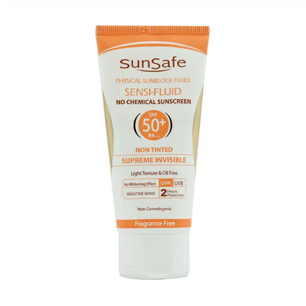 Sunsafe-Sensi-SPF50-Fluid-No-Chemical-Sunscreen-50-ml-1.jpg.webp فلوئید ضد آفتاب SPF50+ فیزیکال سان سیف مناسب پوست های حساس 50 میلی لیتر