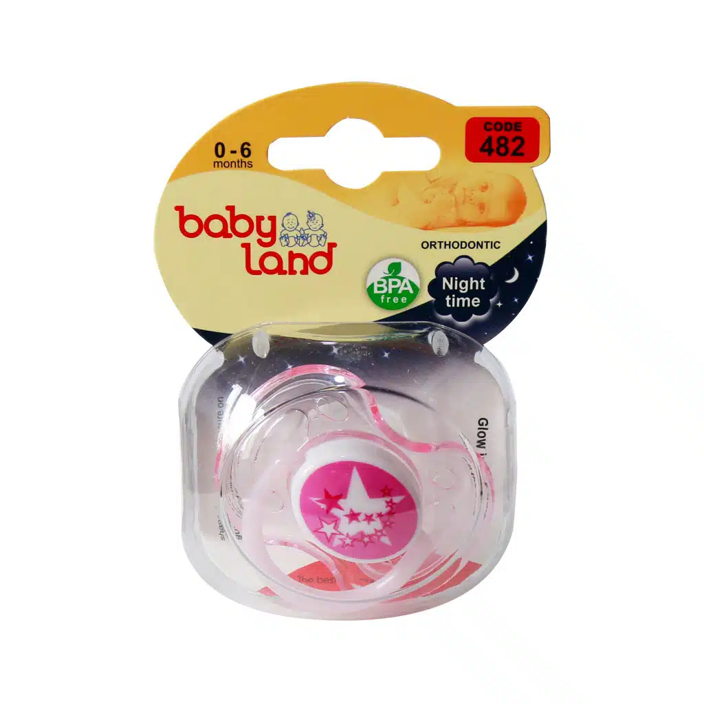 Baby-Land-Night-time-Orthodontic-Pacifier-Code-482-0-6-Months-1.jpg.webp پستانک ارتودنسی شب تاب بیبی لند کد 482 مناسب نوزادان از بدو تولد تا 6 ماهه