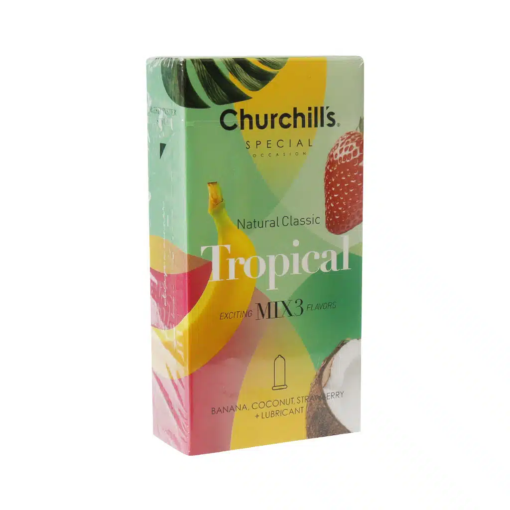 Churchills-Exciting-Mix3-Flavors-Condoms.jpg.webp کاندوم میوه ای چرچیلز با فرم بدنه ساده 12 عدد