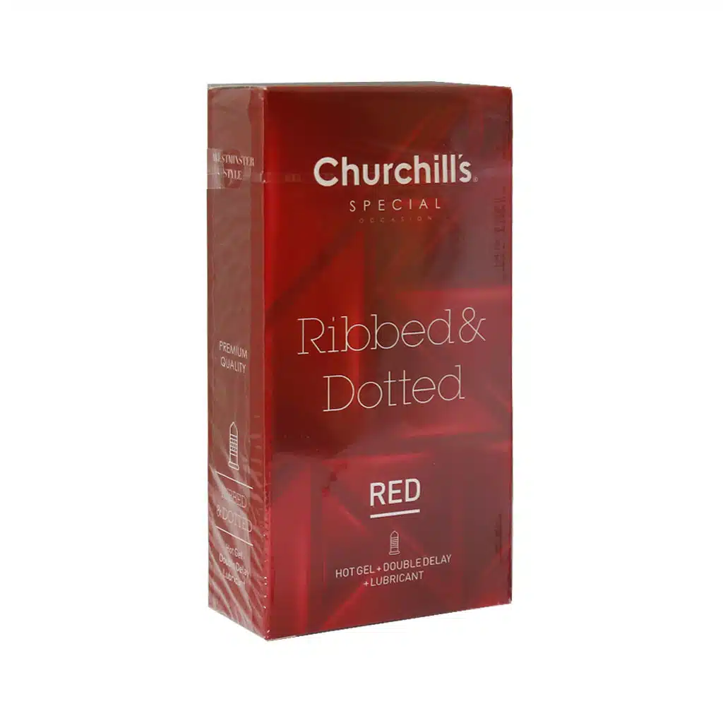 Churchills-Ribbed-Dotted-Red-Condom-12-Pcs.jpg.webp کاندوم خاردار و شیاردار تاخیری دوبل چرچیلز قرمز
