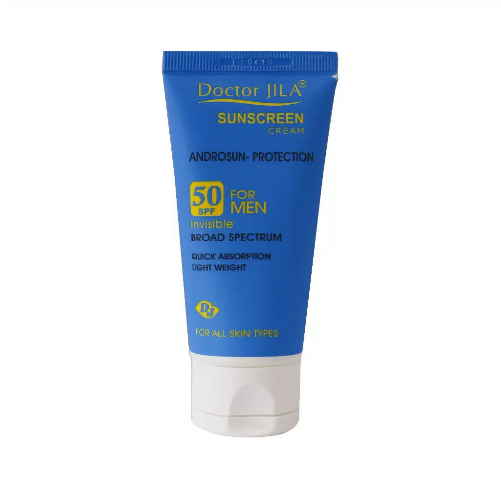 Doctor-Jila-Androsun-Protection-Sunscreen-Cream-For-Men-50-g.jpg.webp کرم ضد آفتاب بی رنگ SPF 50 آندروسان پروتکشن دکتر ژیلا مناسب آقایان 50 گرم