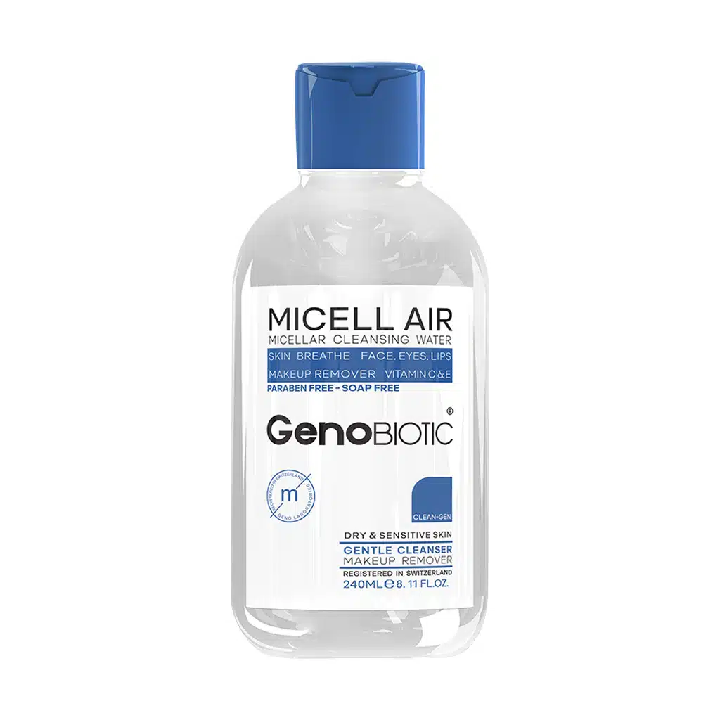 Genobiotic-Micellar-Cleansing-Water-For-Dry-And-Sensitive.jpg.webp محلول پاک کننده آرایش مناسب پوست خشک و حساس ژنوبایوتیک 240 میلی لیتر