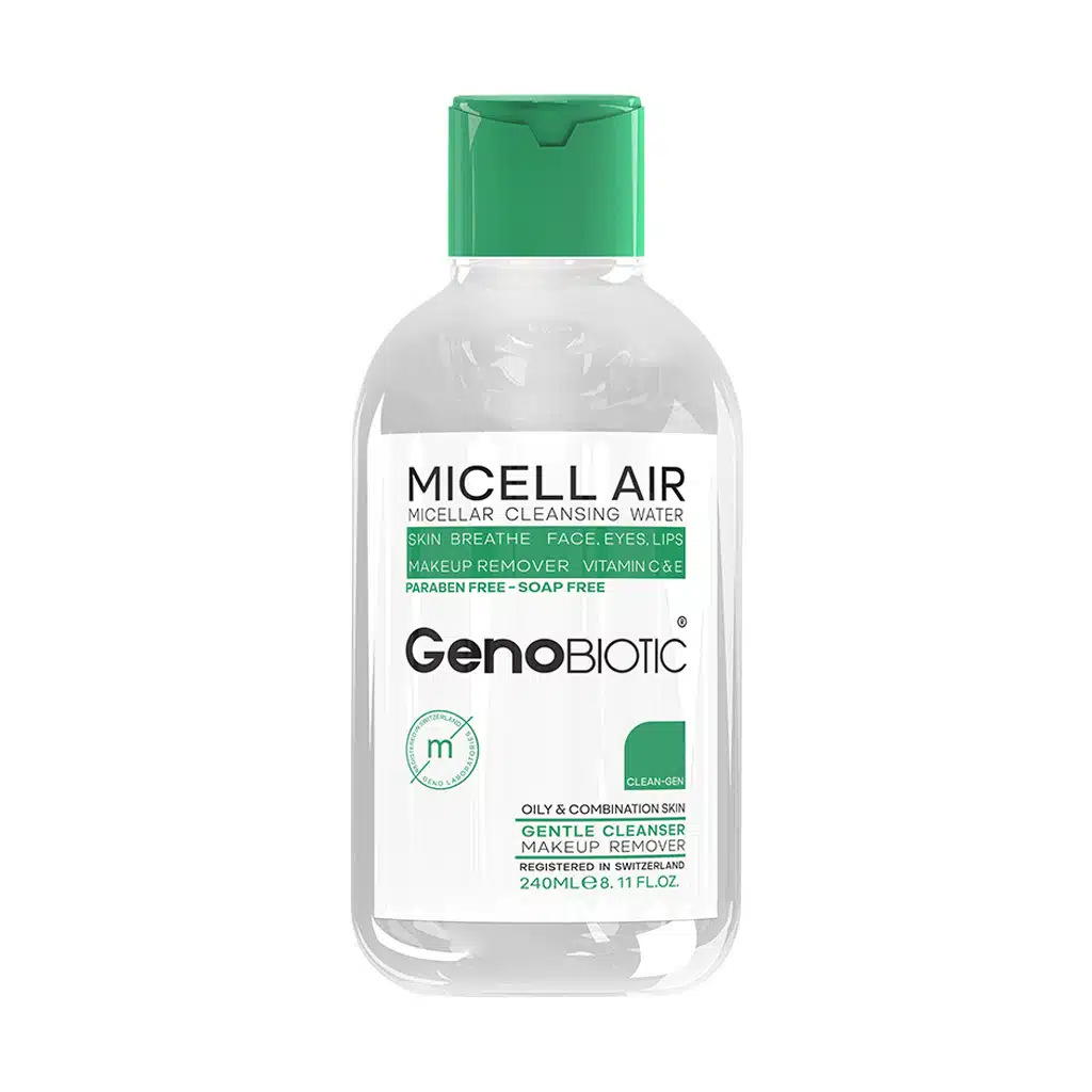 Genobiotic-Micellar-Cleansing-Water-For-Oily.jpg.webp محلول پاک کننده آرایش پوست چرب و مختلط ژنوبایوتیک 240 میلی لیتر