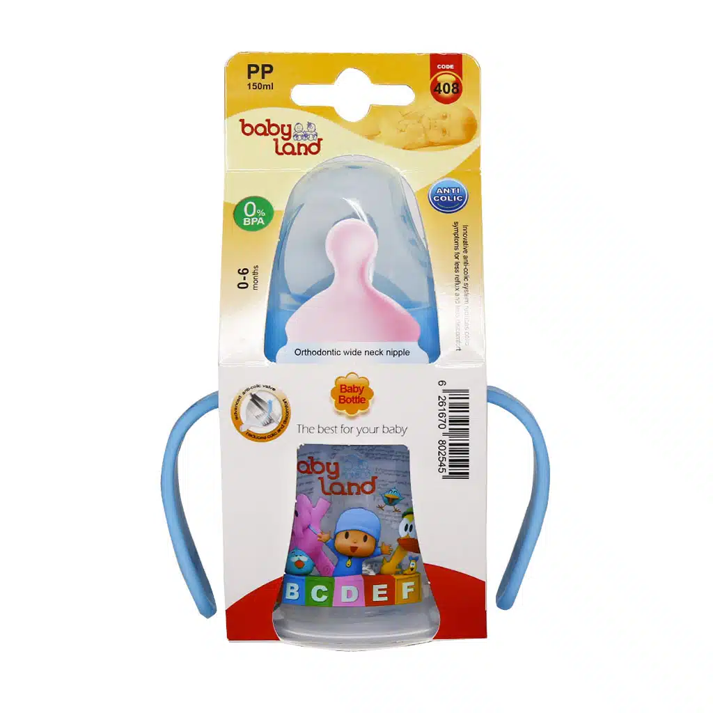 Baby-Land-Anti-Colic-Orthodontic-Wide-Neck-Nipple-Blue.jpg.webp شیشه شیر آنتی کولیک بیبی لند کد 408 حجم 150 میلی لیتر