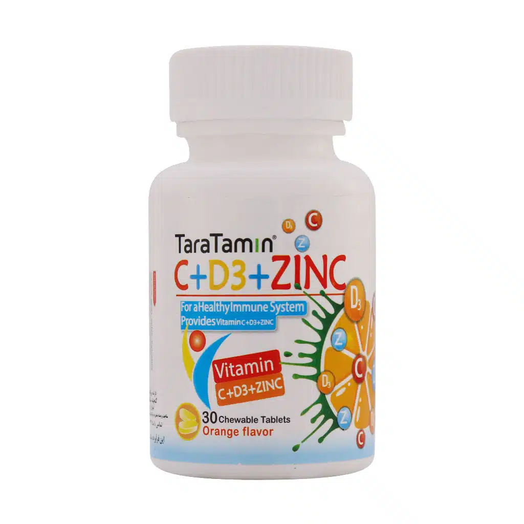 Ganjineh-Salamat-Tara-Vitamin-C-D3-Zinc-30-Chewable-Tablets-1.jpg.webp قرص جویدنی ویتامین C به همراه D3 و زینک تارا 30 عدد