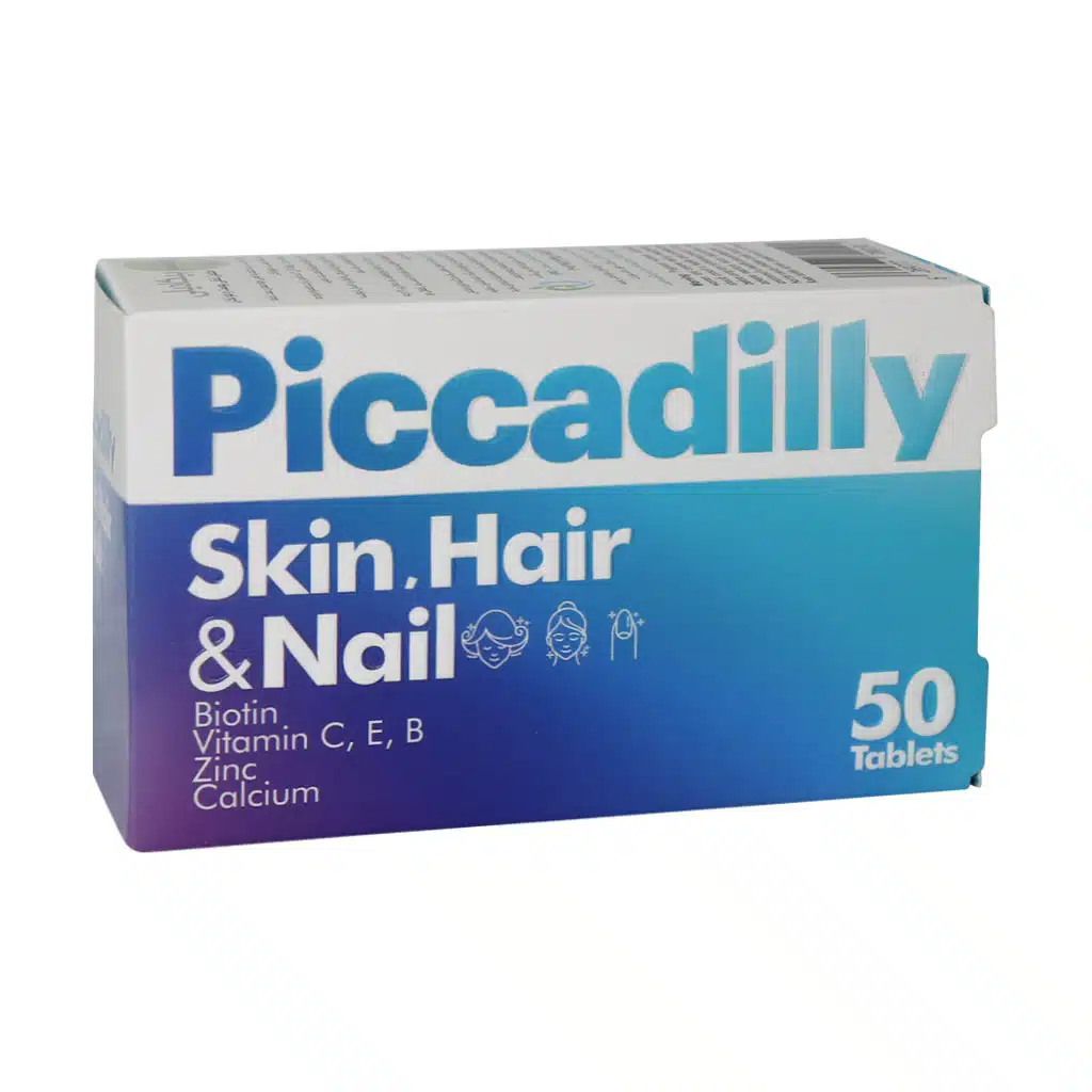 Piccadilly-Skin-and-hair-and-Nail-Supplemental-50-tablets.jpg.webp قرص تقویت پوست و مو و ناخن پیکادیلی 50 عدد
