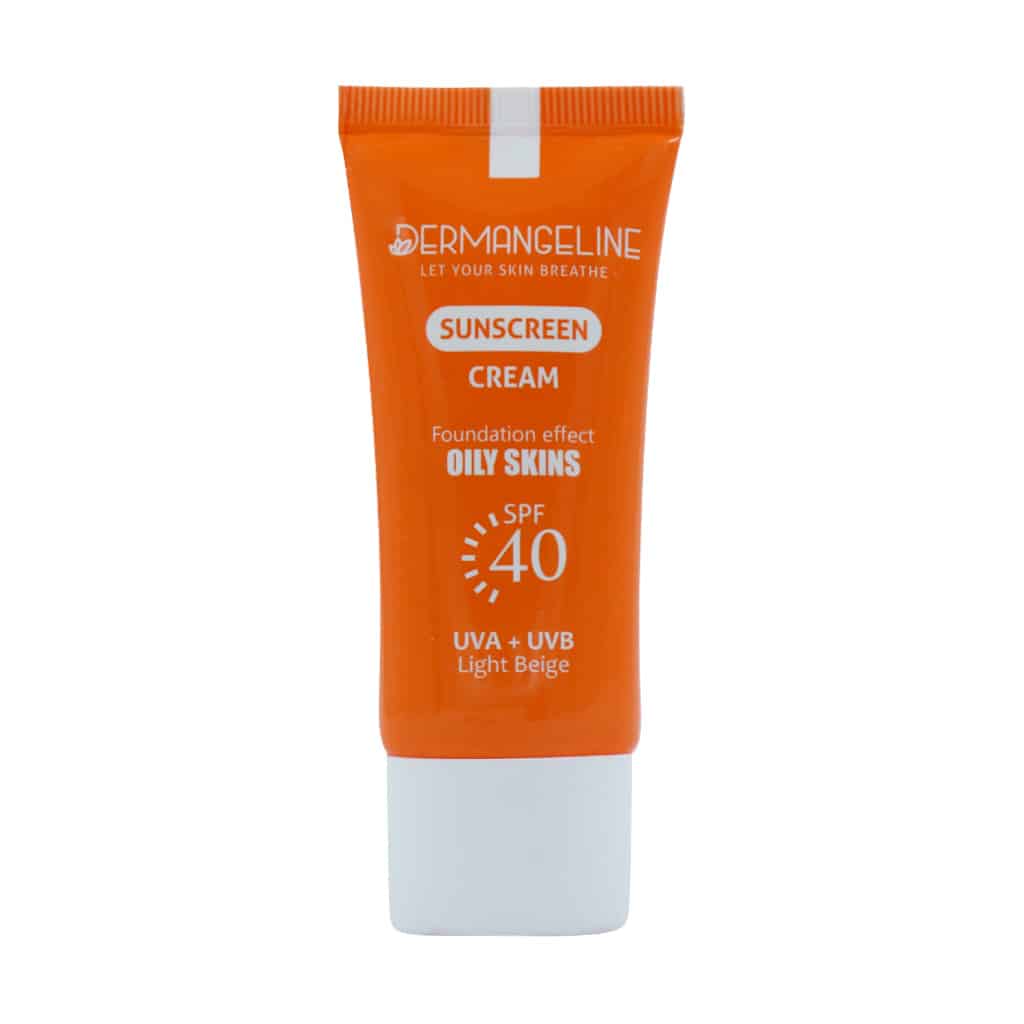 Dermangeline-Sunscreen-Cream-Foundation-Effect-30ml قیمت ضد آفتاب کرم پودری SPF40 درم انجلین مناسب پوست چرب