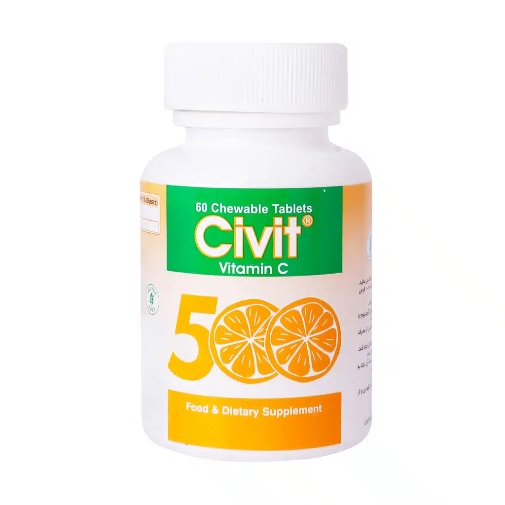 Daou-Pakhsh-Civit-Vitamin-C-500-mg-60-Chewable-Tabs.jpg.webp قرص جویدنی ویتامین C 500 میلی گرم سیویت دارو پخش 60 عدد