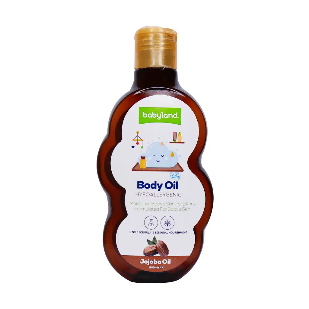 Babyland-Body-Oil-for-Kids-with-Jojoba-Oil.jpg.webp روغن نرم کننده پوست بچه حاوی روغن جوجوبا بیبی لند 200 میلی لیتر