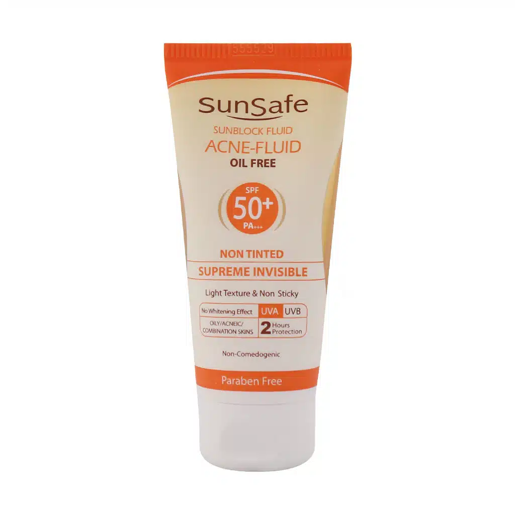 Sun-Safe-Acne-SPF50-Sunblock-Fluid-50.jpg.webp فلوئید ضد آفتاب فاقد چربی SPF50 سان سیف 50 میلی لیتر