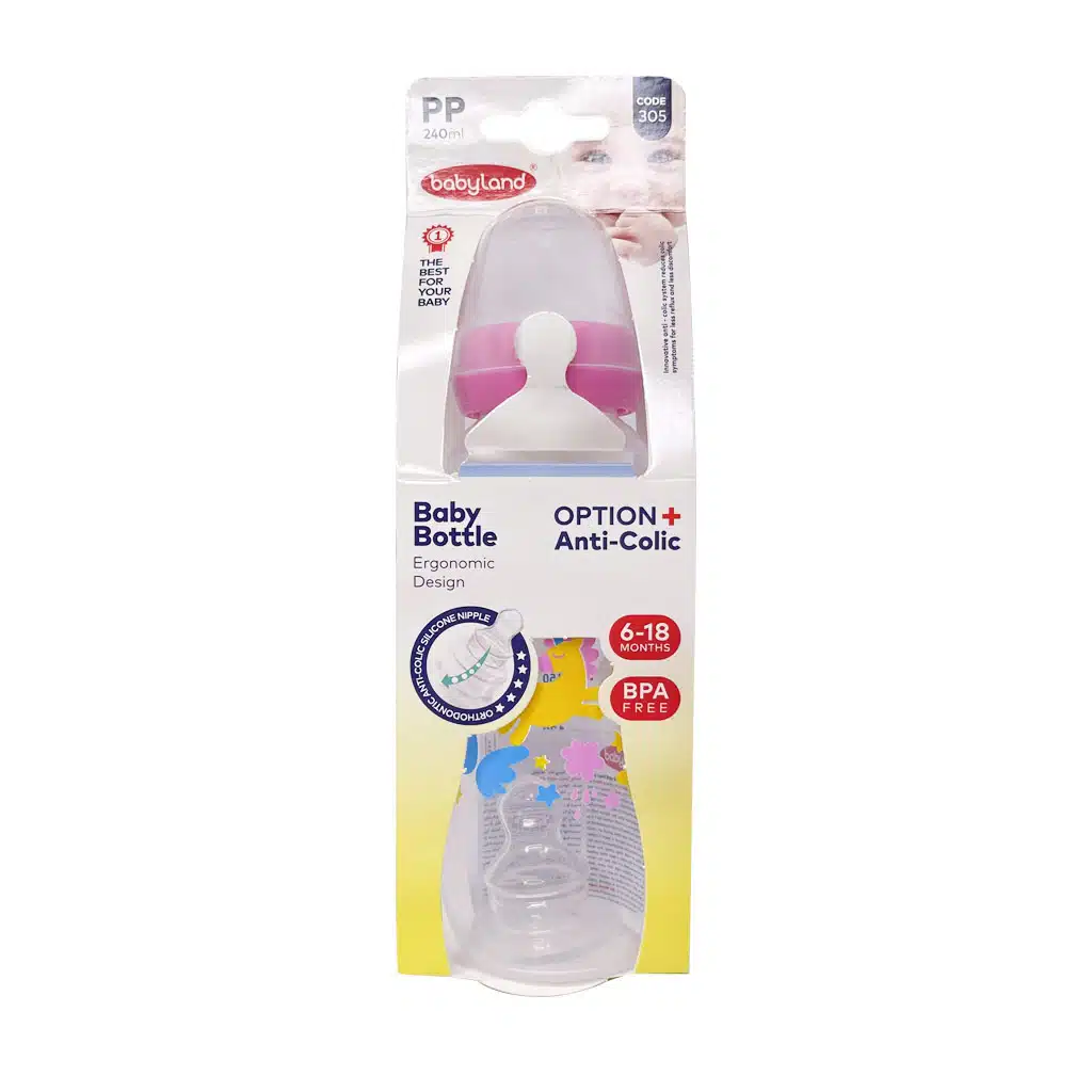 Baby-Land-Code-305-Babye-Bottle-pink.jpg.webp شیشه شیر بیبی لند کد 305 مناسب 6 تا 18 ماه 240 میلی لیتر