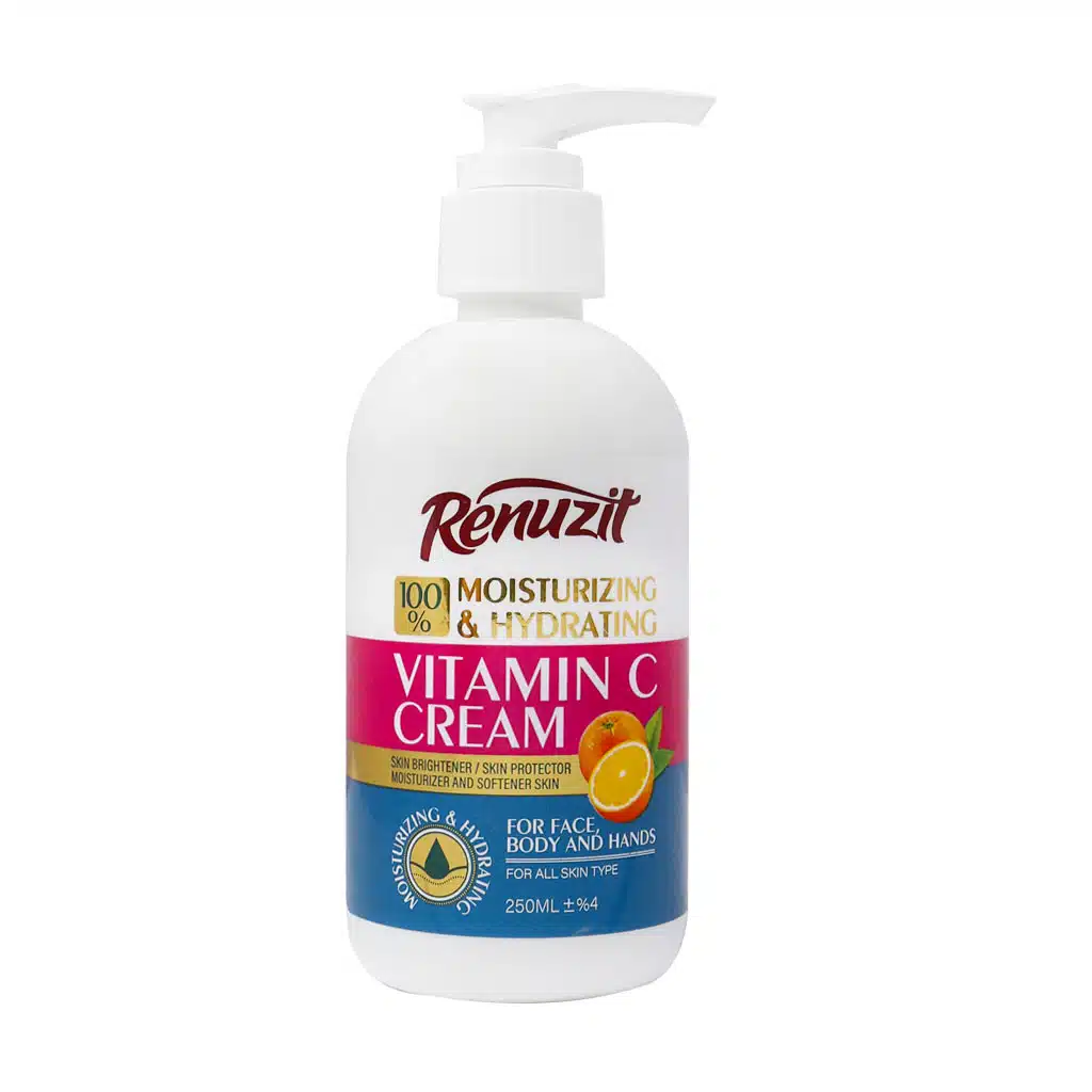 Renuzit-Moisturizing-and-Hydration-Vitamin-C-Cream-250ml.jpg.webp کرم پمپی آبرسان و مرطوب کننده رینوزیت حاوی ویتامین C حجم 250 میلی لیتر