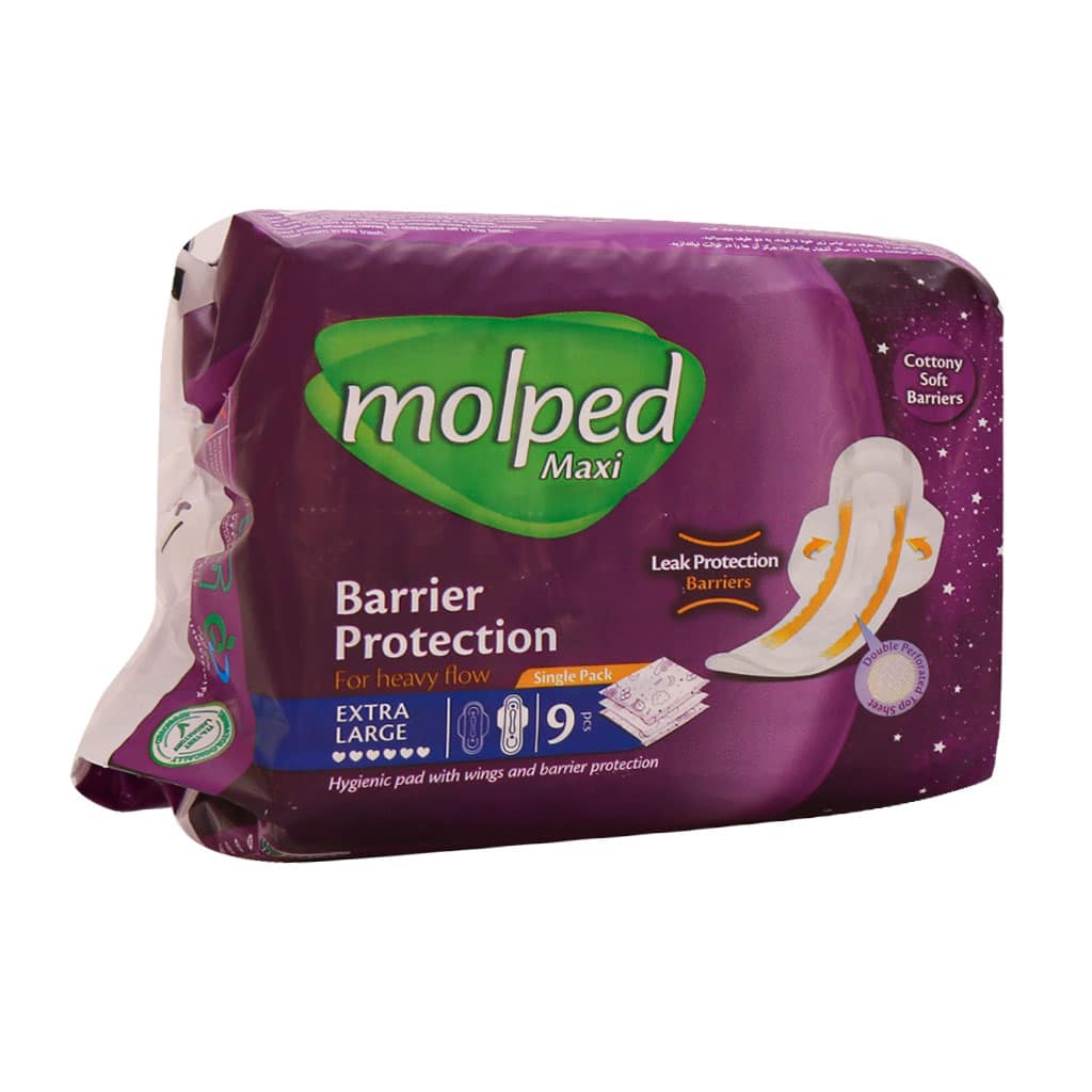 Molped-Barrier-Protection-Sanitary-9-Pad-Extra-Large قیمت نوار بهداشتی بالدار نیمه ضخیم ویژه مشبک مولپد سایز خیلی بزرگ