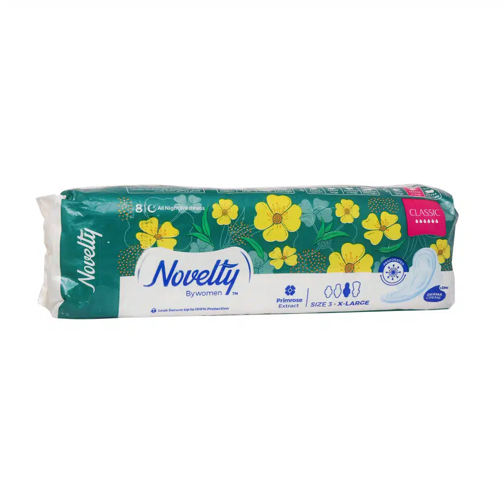 Novelty-Classic-X-Large-Women-Pads-8-Pcs.jpg.webp نوار بهداشتی بالدار مشبک خیلی بزرگ ضخیم ناولتی مدل کلاسیک 8 عدد