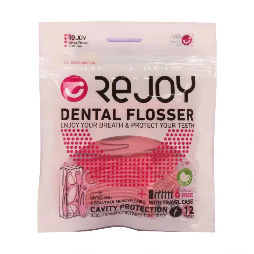 Rejoy-Dental-Flosser-18-Pcs.jpg.webp نخ دندان کمانی و خلال دندان ریجوی با طعم نعنا 18 عدد