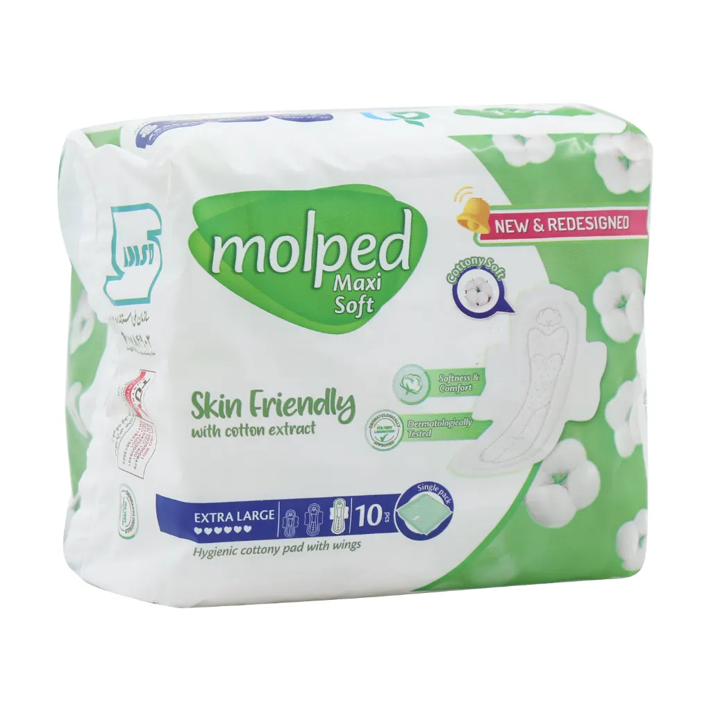 Molped Maxi Soft Extra Large 9 Pcs قیمت نوار بهداشتی بالدار نیمه ضخیم پنبه ای مولپد سایز خیلی بزرگ