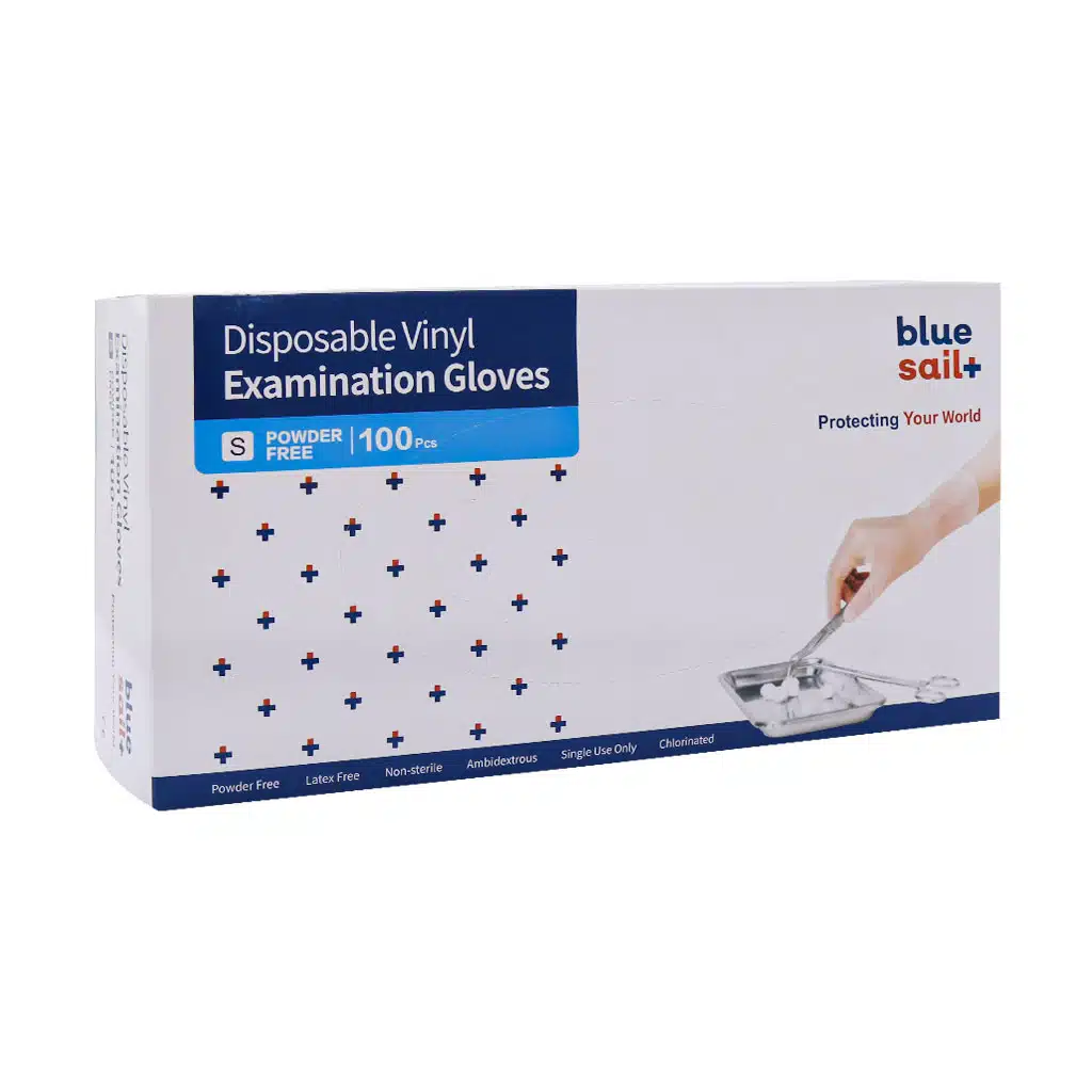 Blue-Sail-Disposable-Vinyl-Examination-Gloves-100-Pcs.jpg.webp دستکش وینیل بدون پودر بلوسیل 100 عدد