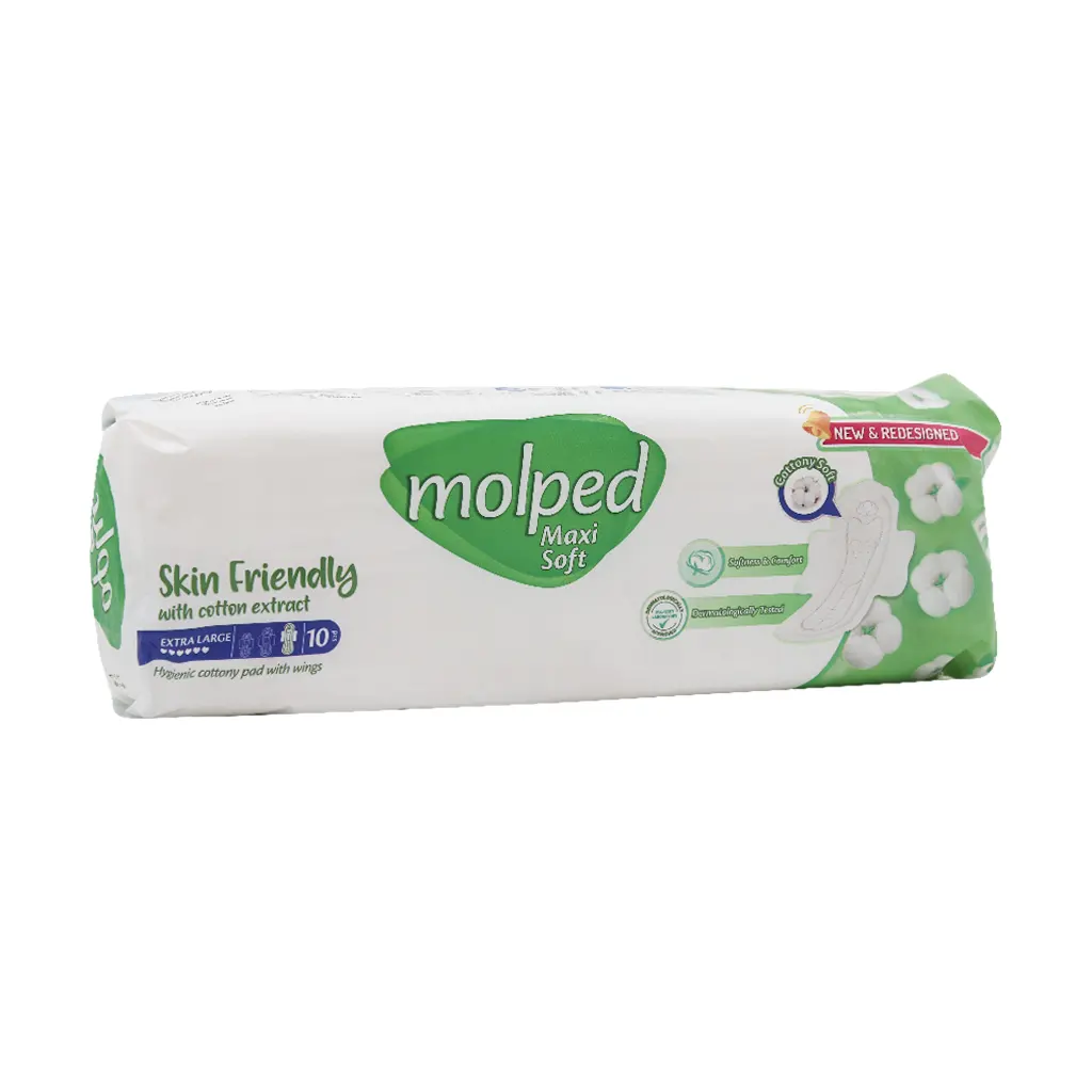 Molped Hygienic Cottony Pad With Wing 10 Pcs قیمت نوار بهداشتی بالدار ضخیم پنبه ای مولپد سایز خیلی بزرگ