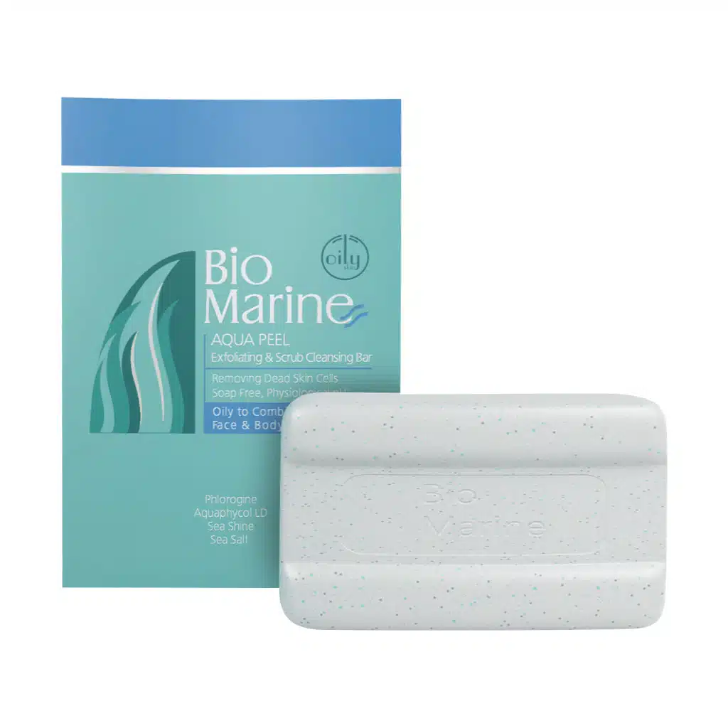 Bio-Marine-Aqua-Peel-Exfoliating-And-Scrub-Cleansing-Bar-100-g.jpg.webp پن لایه بردار پوستهای چرب و جوش دار بایومارین 100 گرم