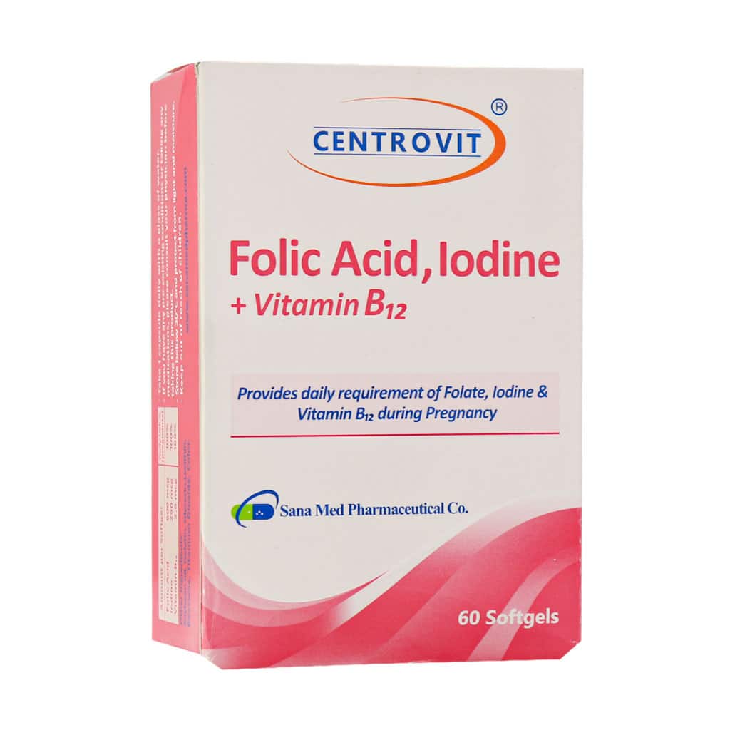 Centrovit-Folic-Acid-Iodine-And-Vitamin-B12-60-Softgels سافت ژل فولیک اسید ید پلاس ویتامین ب12 سنتروویت