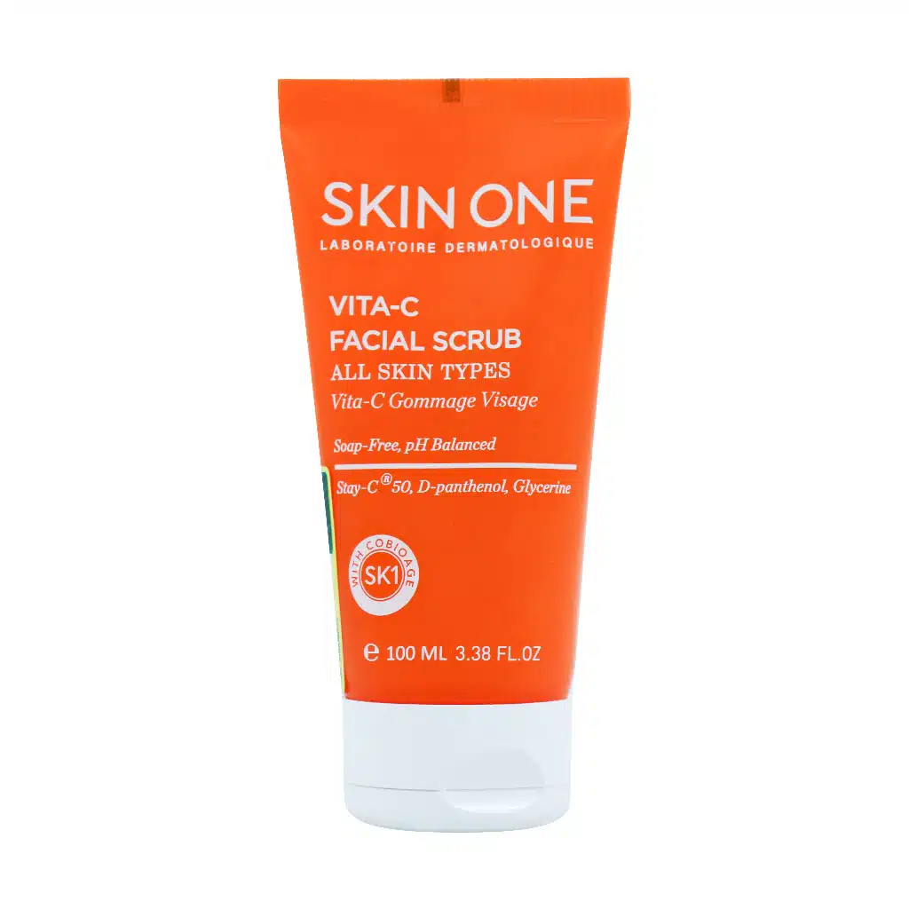 Skin-One-Vita-C-Facial-Scrub-Gel-100-1.jpg.webp ژل شوینده لایه بردار حاوی ویتامین C اسکین وان 100 میلی لیتر