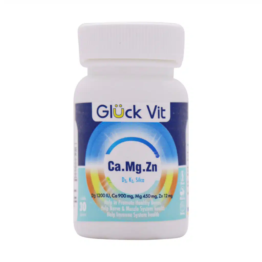 Gluck-Vit-Ca-Mg-Zn-30-Tabs.jpg.webp قرص کلسیم منیزیم زینک گلوک ویت 30 عدد
