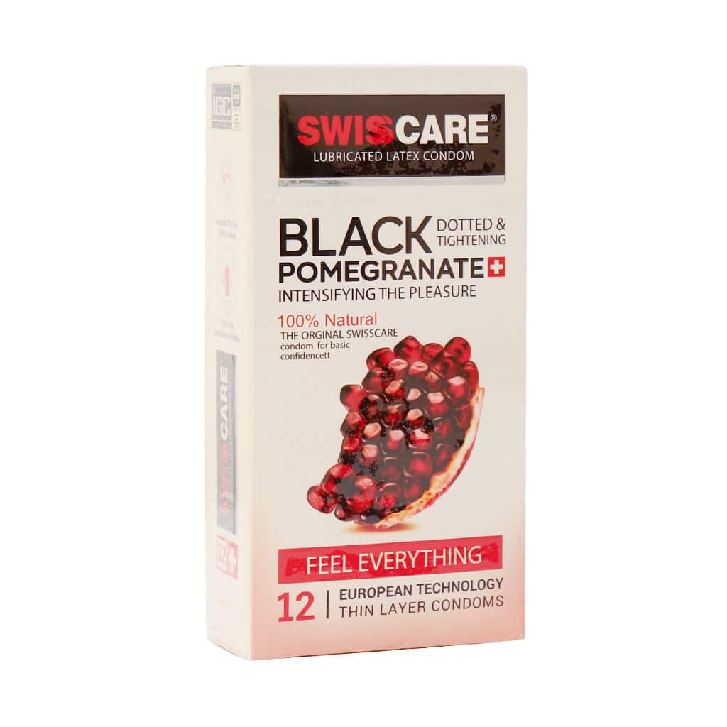 Swiss-Care-Black-Pomegranate-Condoms کاندوم خاردار و تنگ کننده انار سوئیس کر 12 عدد