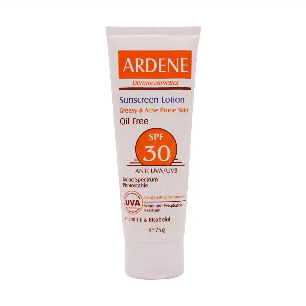 Ardene-Oil-Free-SPF30-Sunscreen-Lotion-75-g.jpg.webp لوسیون ضد آفتاب فاقد چربی SPF30 آردن مناسب پوست چرب و جوشدار 75 گرم