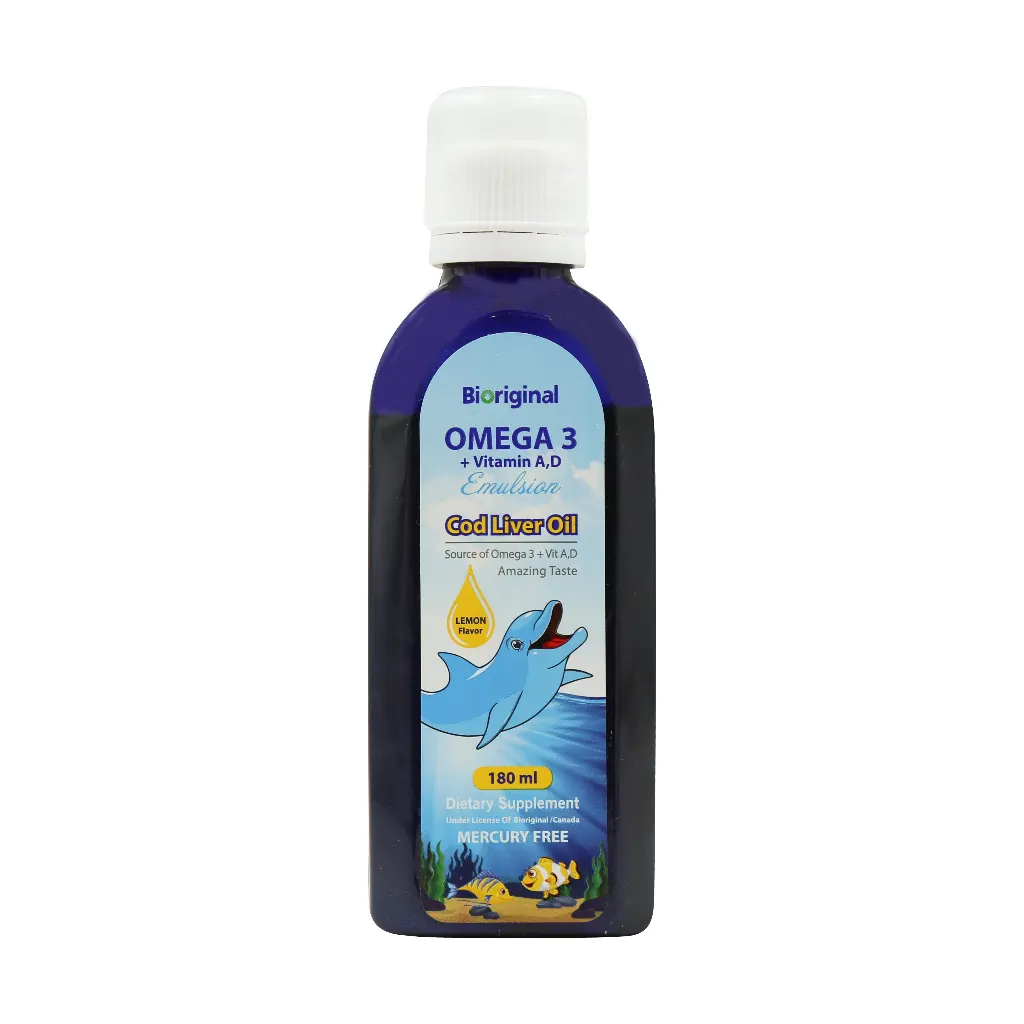 Bio orginal Omega3 Cod Liver Oil Emulsion 180 ml قیمت شربت امگا 3 روغن کبد ماهی بایو اورجینال